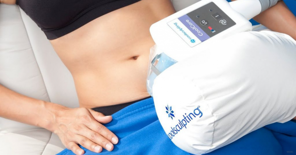 A woman receives a CoolSculpting treatment at foothills dermatology in Tucson, AZ.